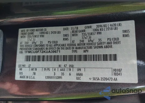 2019 Ford Escape S from USA, damaged, VIN 1FMCU0F72KUA39671